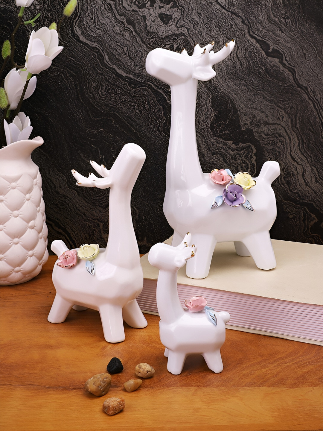 Aura Reindeer White Ceramic Natural Living Room Set of 3 Medium Showpieces - 0.8 Inches