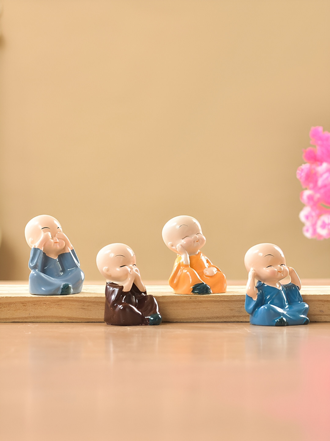 Aura Miniature Monks with Cute Expressions Nude Polyresin Glossy Prayer Room Set of 4 Tiny Showpieces - 1.4 Inches