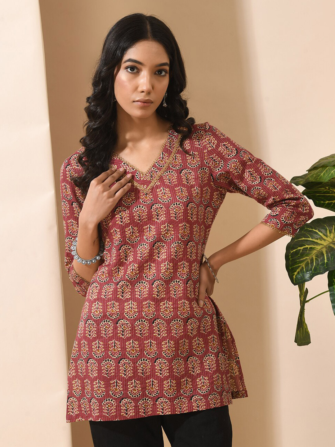 KALINI Floral Printed Lace Inserts Cotton Tunic