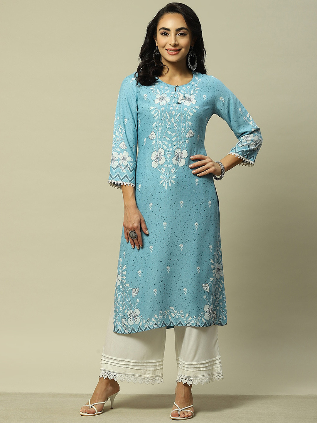 Rangriti Floral Printed Keyhole Neck Floral Kurta