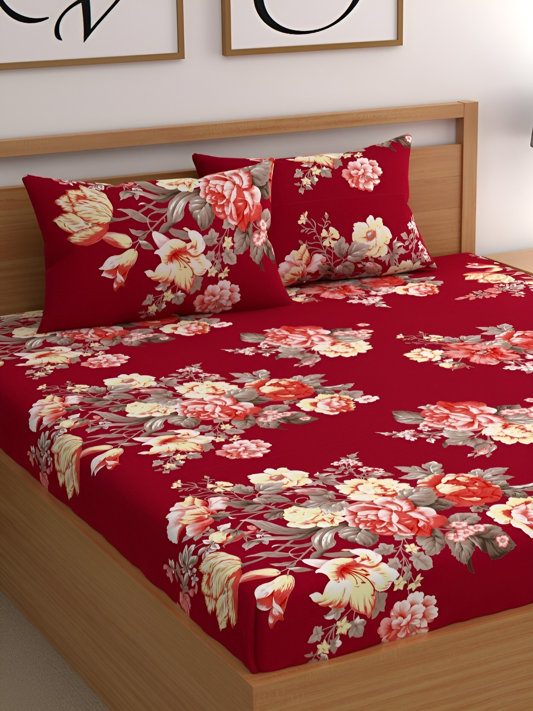 CG HOMES Red Floral Cotton 160 TC Fitted Queen Bedsheet with 2 Pillow Covers-72 x 72 inches