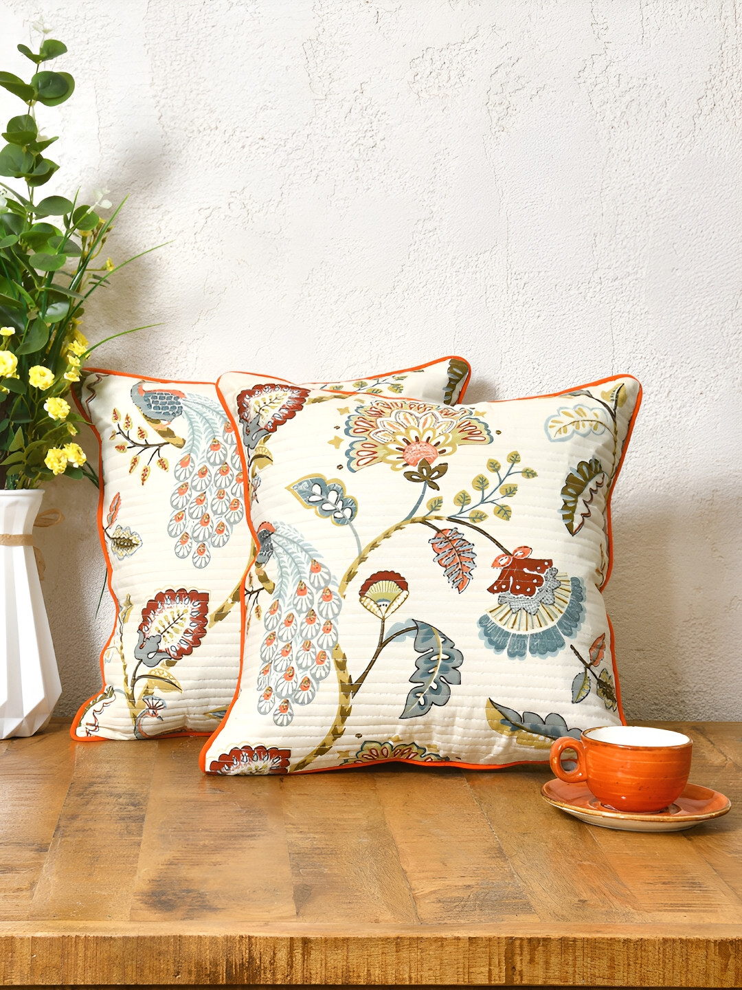 Clasiko White Ethnic Motifs Cotton Washable 2 Piece Square Cushion Covers -16x16In