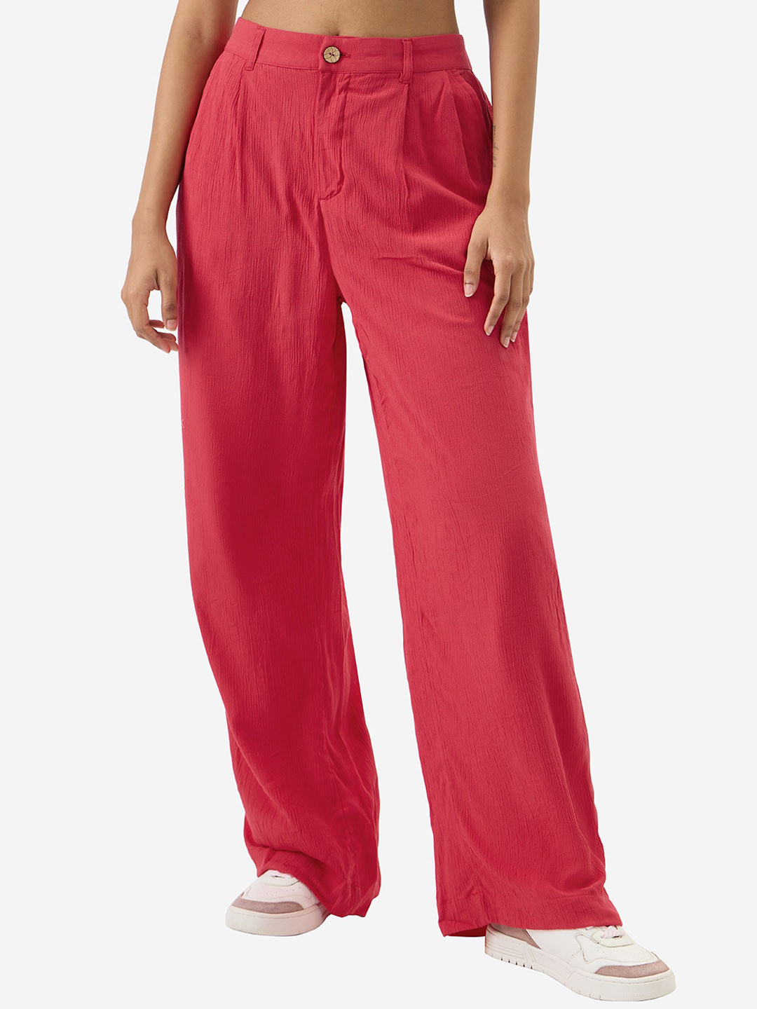 The Souled Store Pink Women Mid-Rise Flared Pleated Trousers
