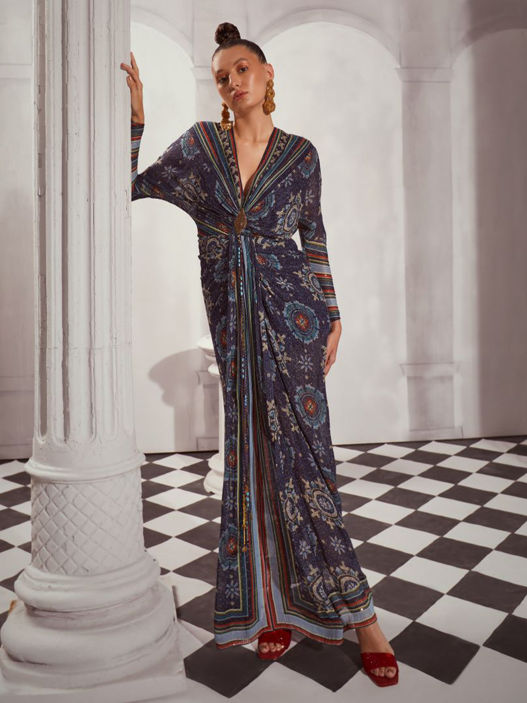 Nikita Mhaisalkar Print Long Sleeves V-Neck Georgette Maxi Dress