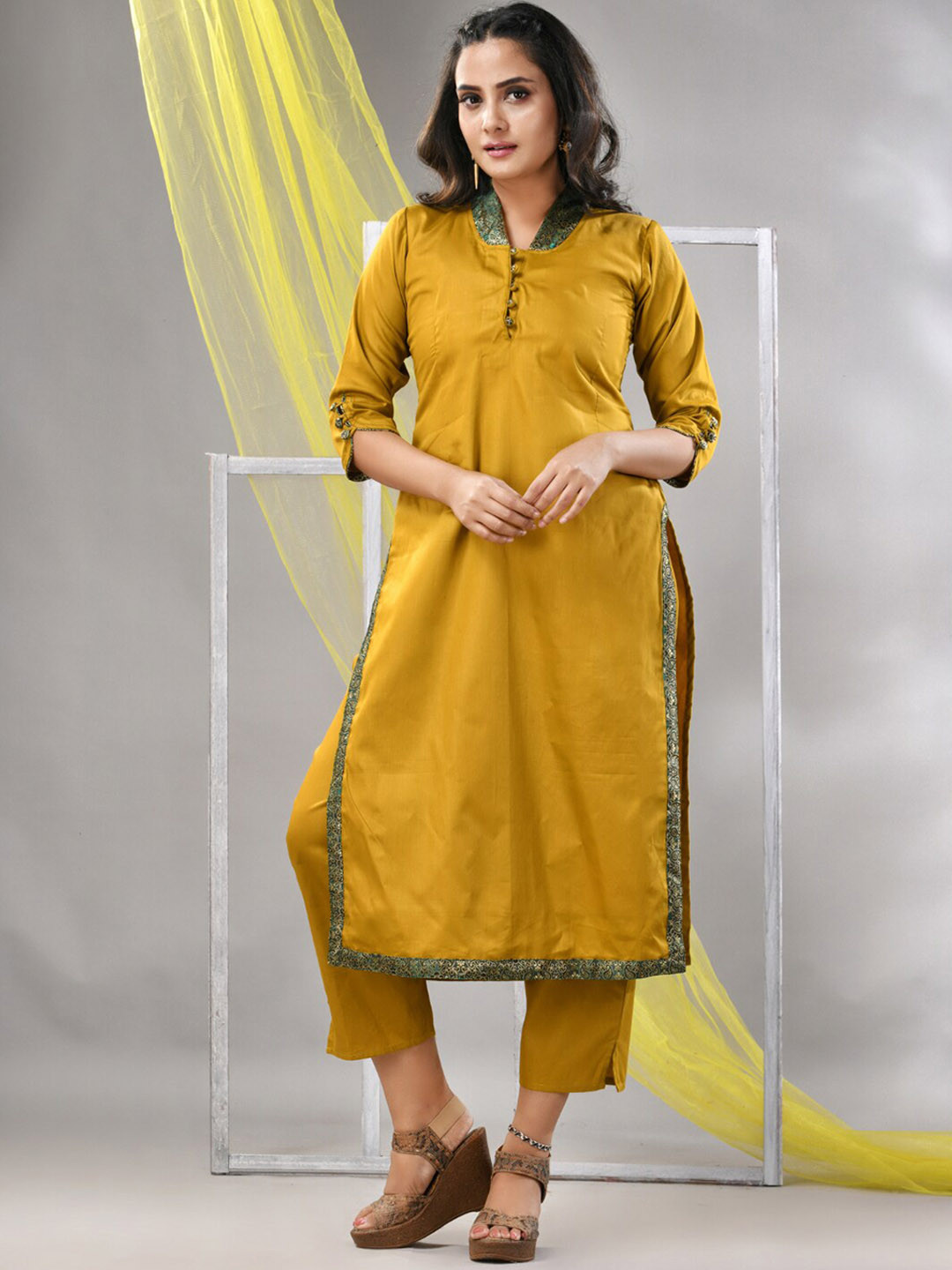 Charukriti Shawl Collar Satin Straight Kurta With Trouser