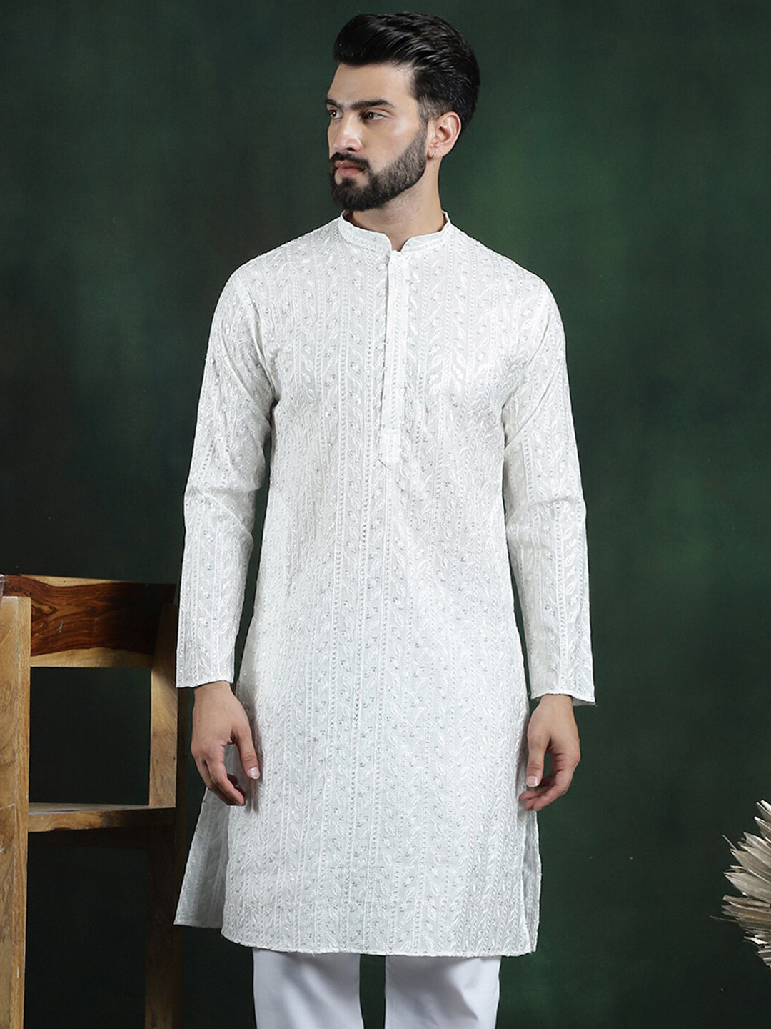 SOJANYA LUXE Woven Design embroidery Mandarin Collar Thread Work Cotton Silk Kurta