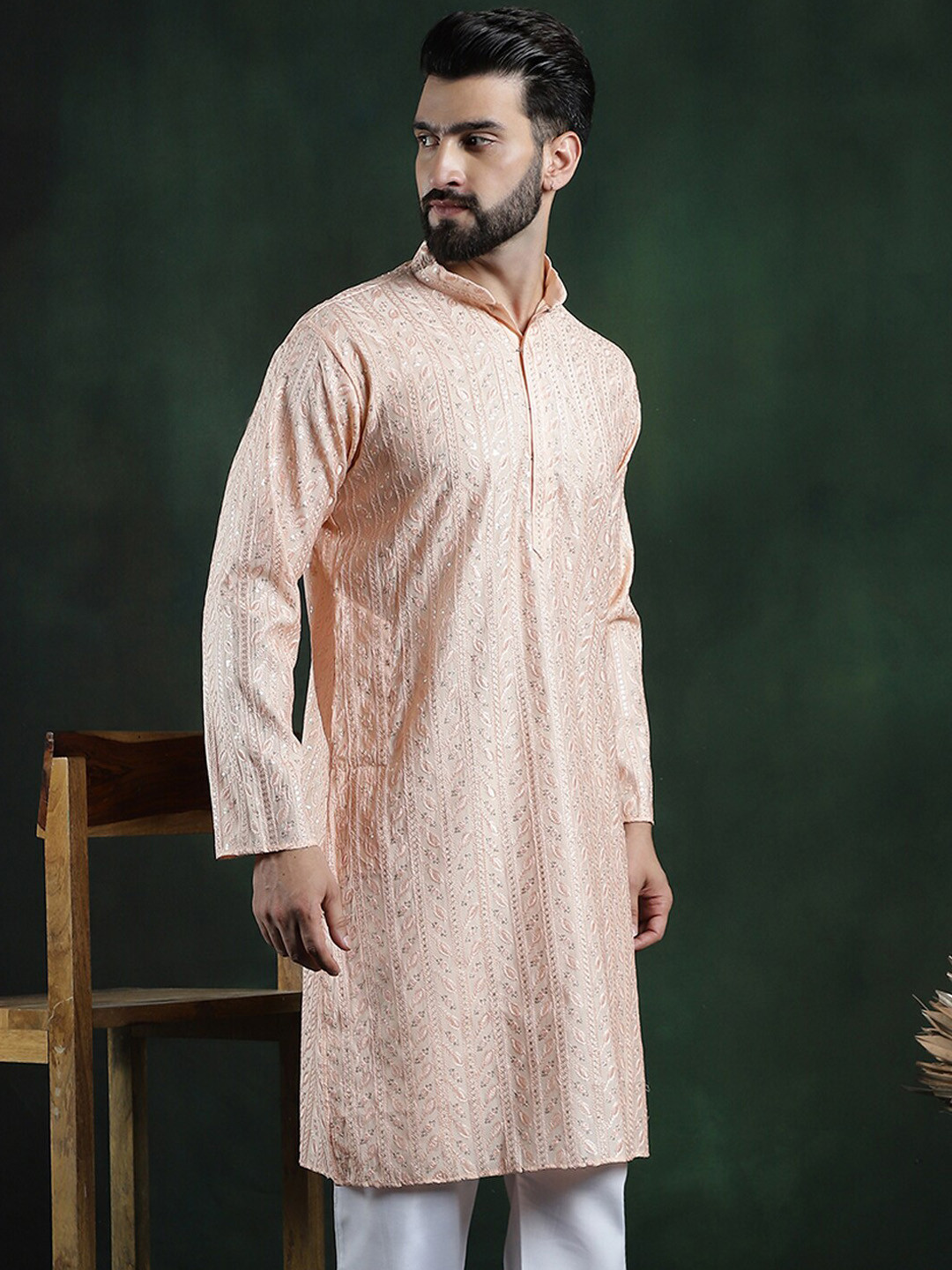 SOJANYA LUXE Woven Design embroidery Mandarin Collar Cotton Silk Kurta