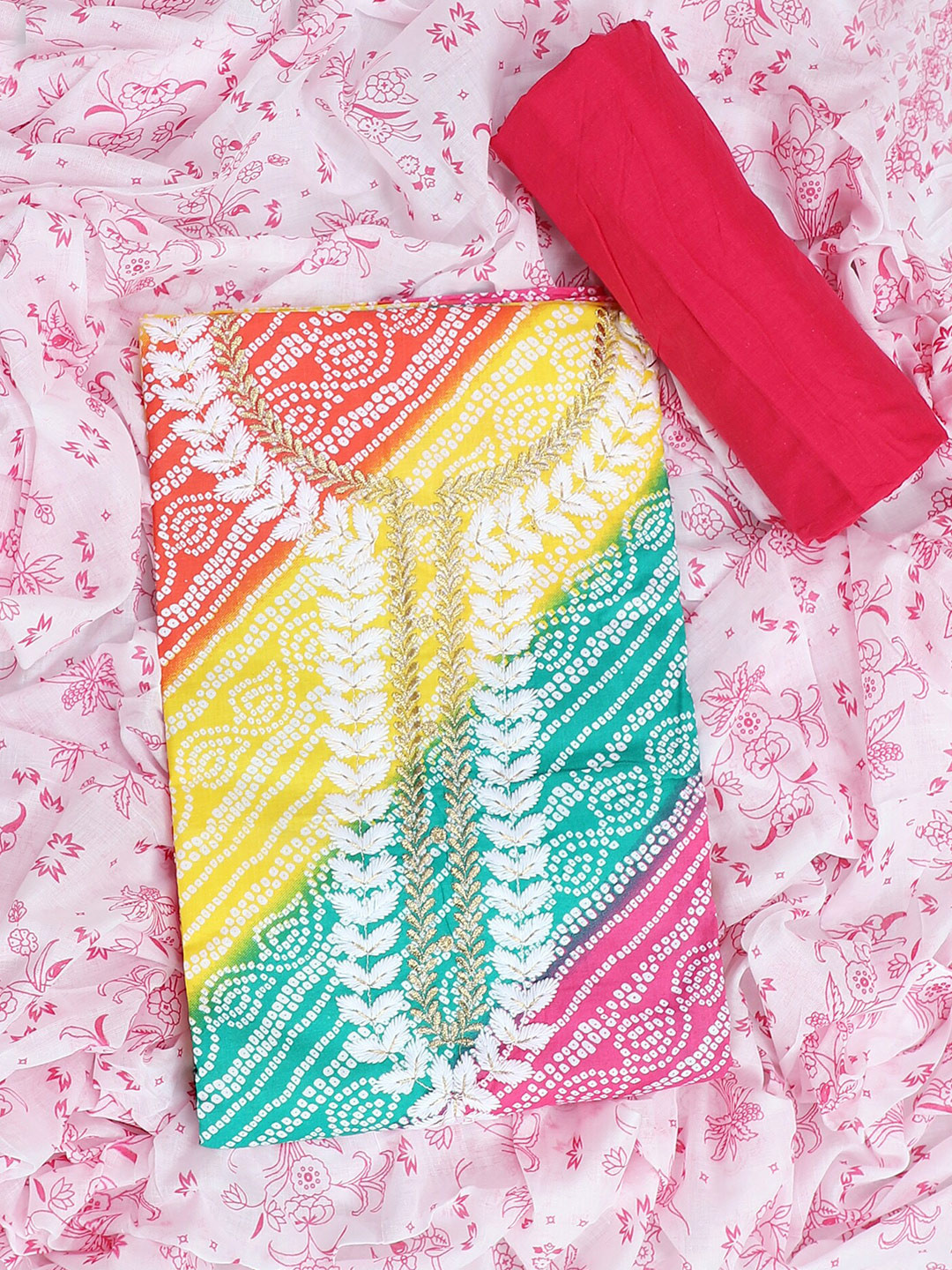 SALWAR STUDIO Bandhani Printed Zari Pure Cotton Unstitched Dress Material