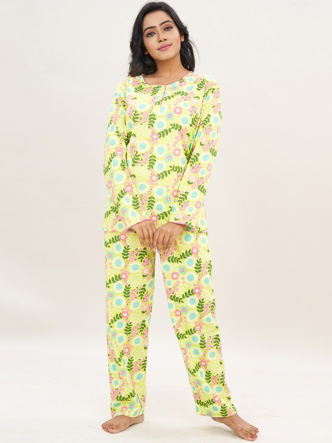 Elzoh Floral Printed Pure Cotton Top With Pyjamas