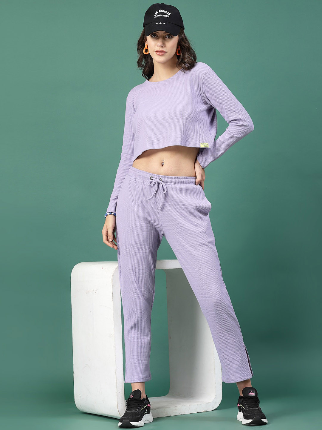 Rigo Ribbed Polo Collar Long Sleeves Waffle Knit Pure Cotton Casual Crop Top With Trousers