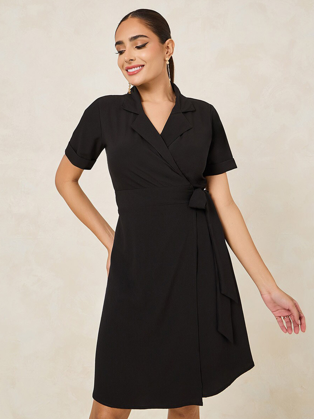 Styli Black Shirt Collar Short Sleeves Wrap Dress