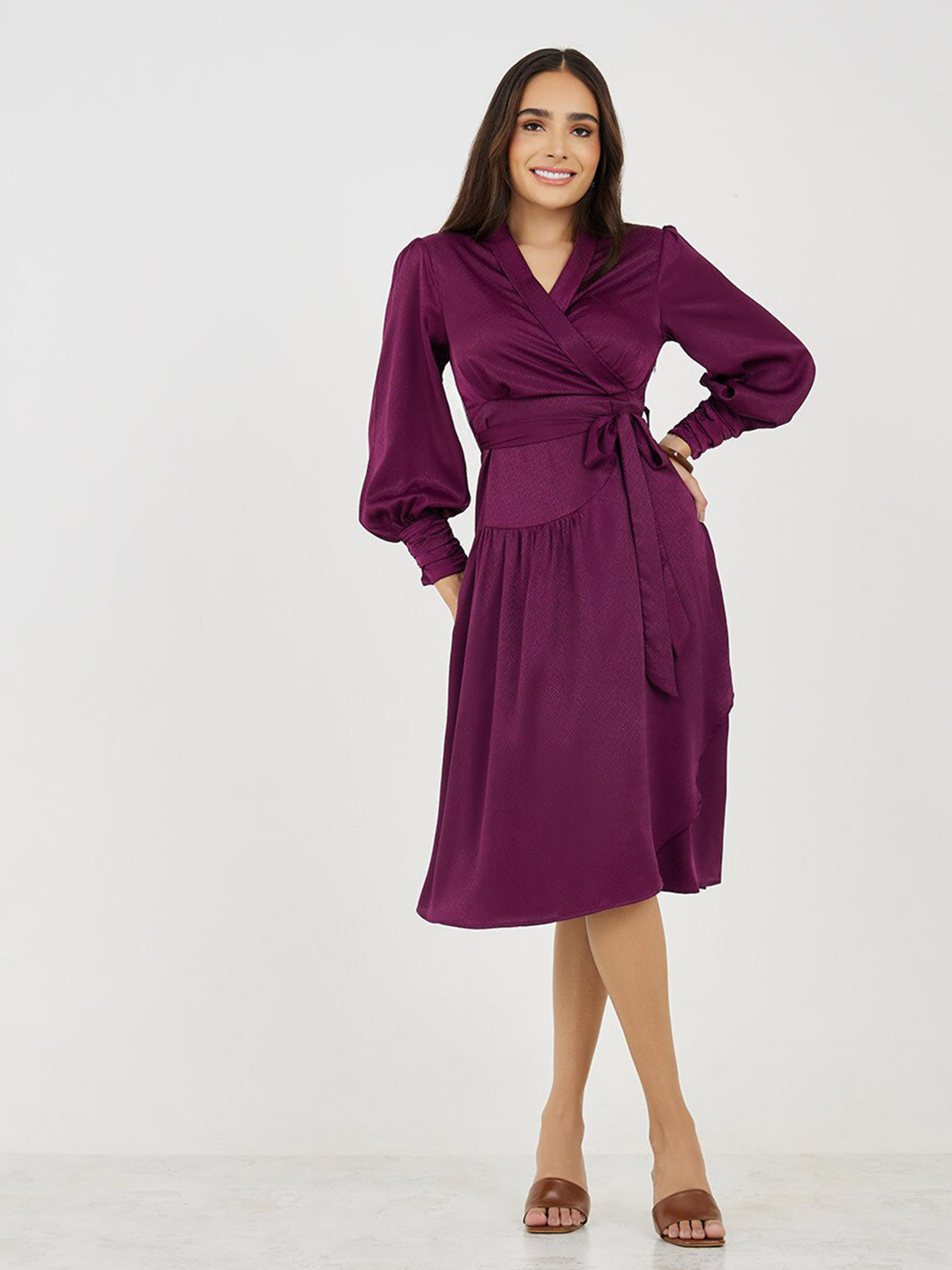 Styli Self Design Long Sleeves Wrap Midi With Ruffle Hem Dress