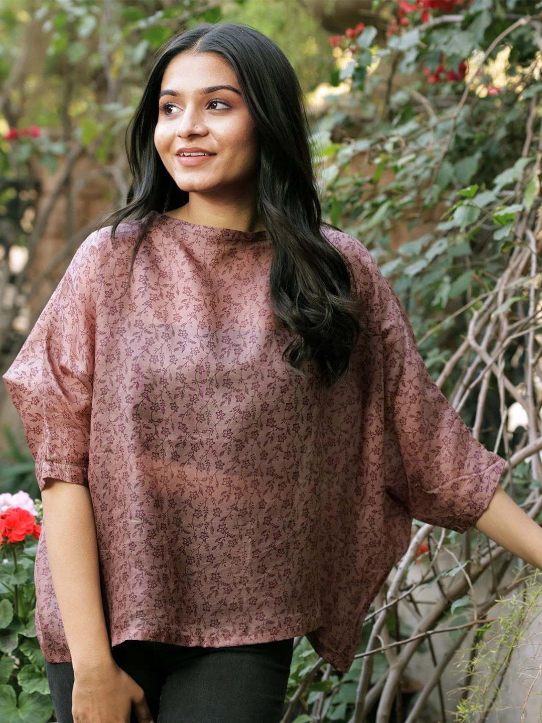 Exotic India Vintage Plain Pure Silk Three-Quarter Sleeves High Neck Baggy Top