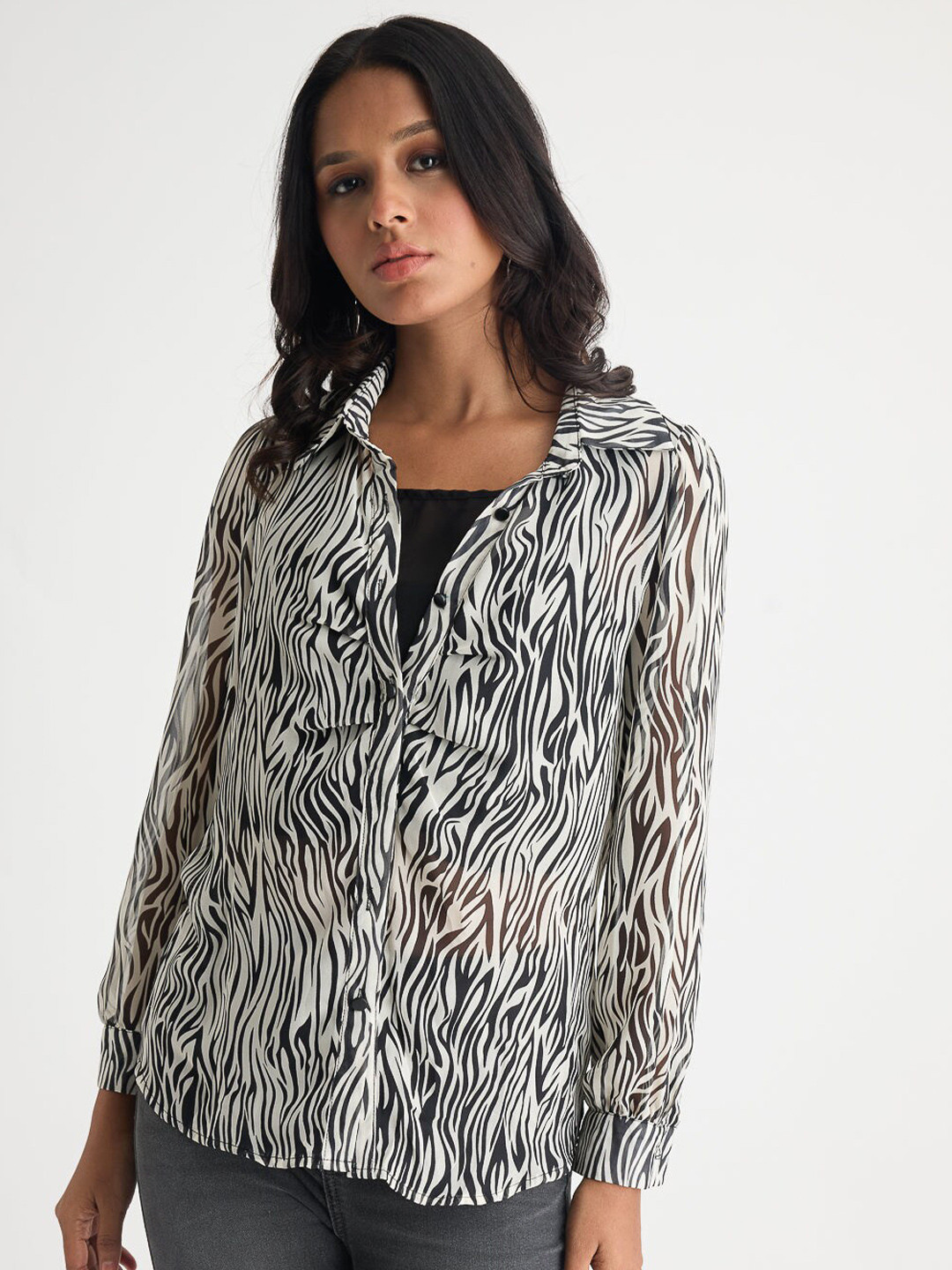 FREAKINS Animal Printed Gathered Semi Sheer Spread Collar Casual Shirt