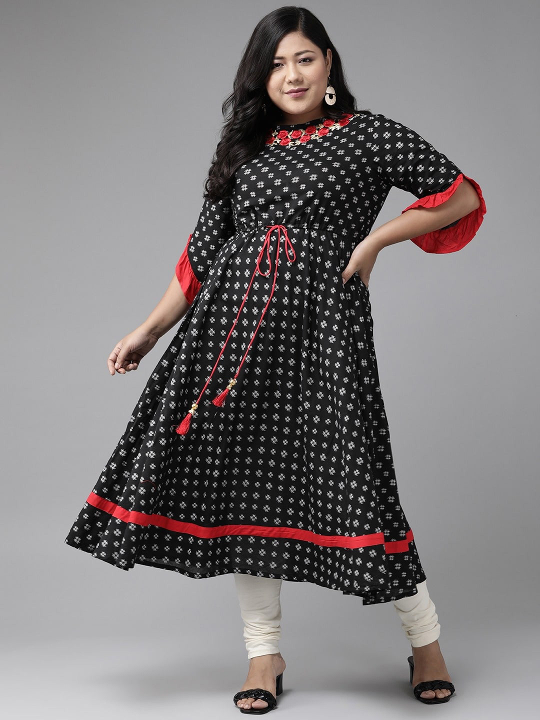 KALINI Geometric Printed Flared Sleeves Thread Work Plus Size Anarkali Kurta