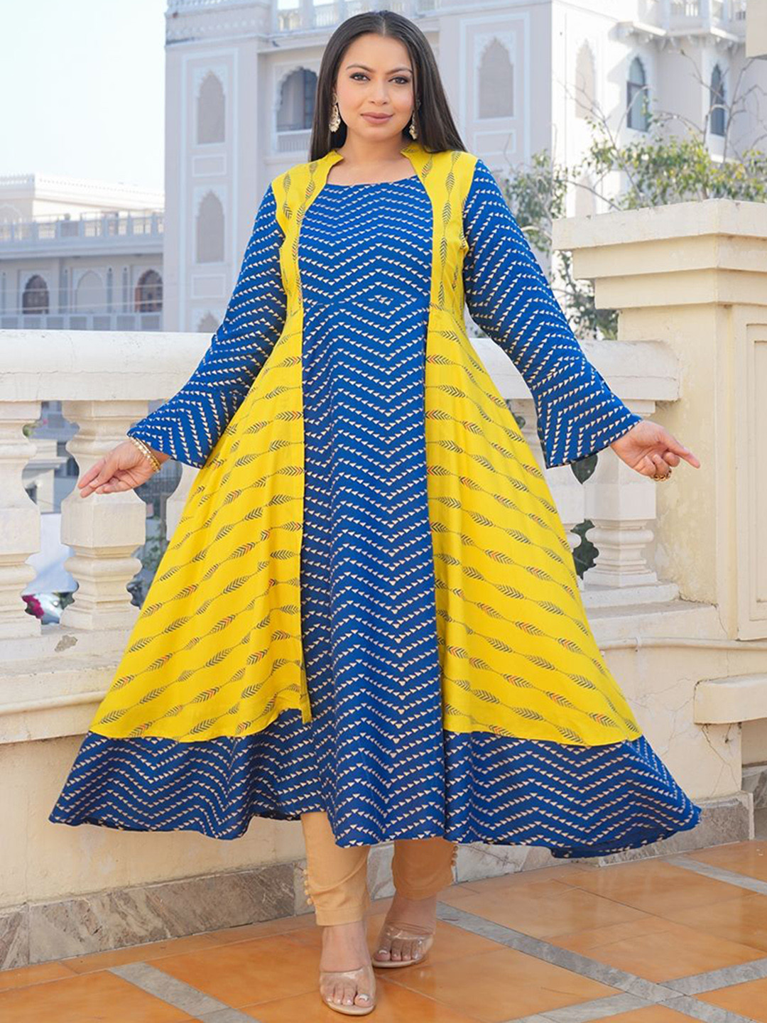 KALINI Geometric Printed Plus Size Anarkali Kurta