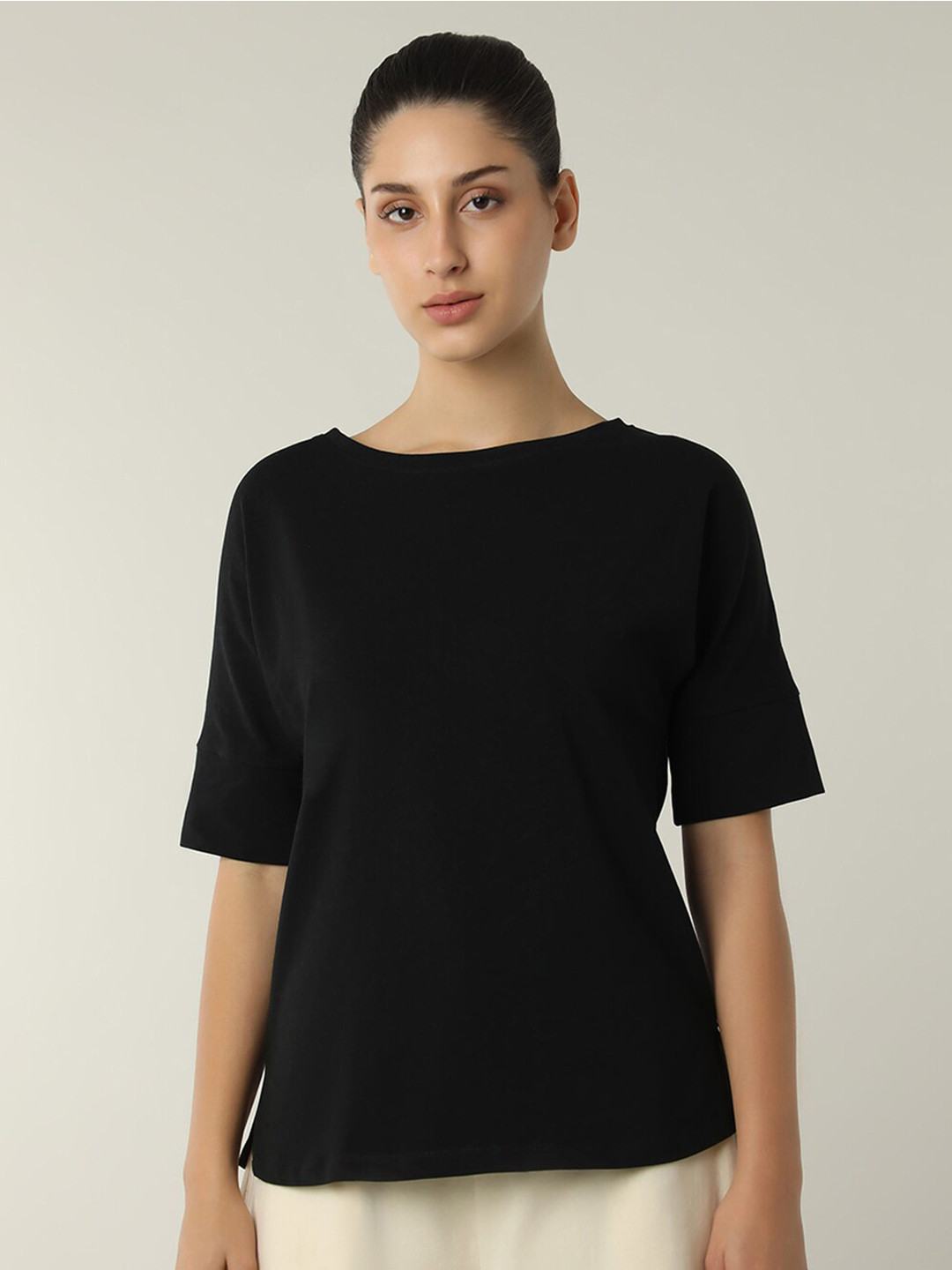 Amante Boat Neck Drop-Shoulder Sleeves Bio Finish Cotton T-shirt