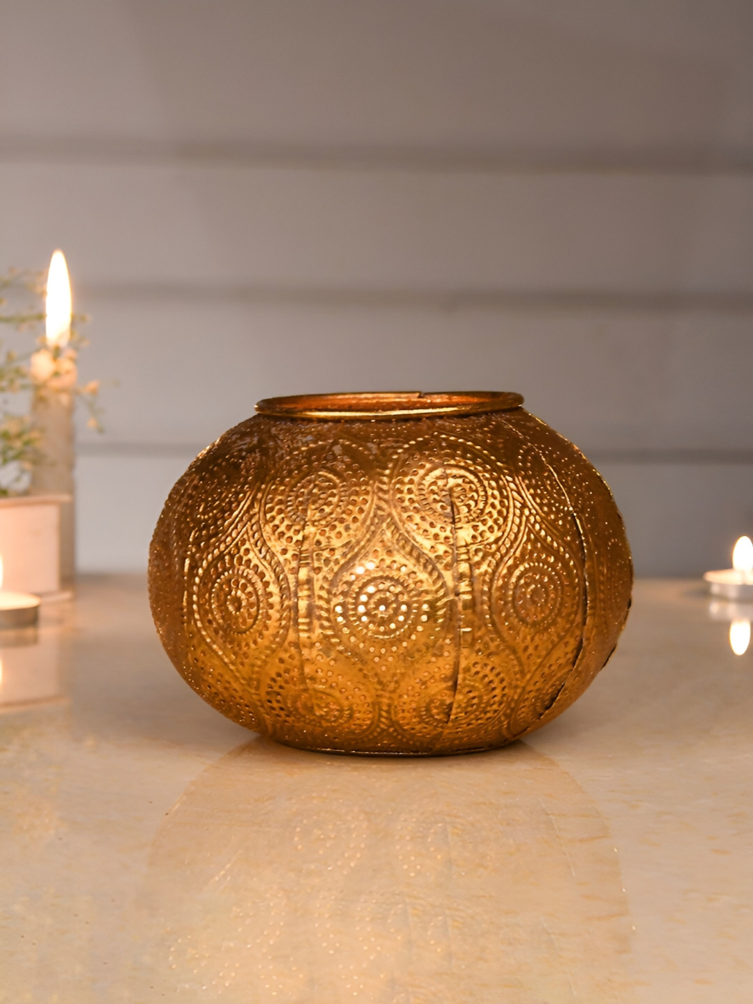 Aura Gold-Toned Textured Ceramic Dome shaped  Candle Holder
