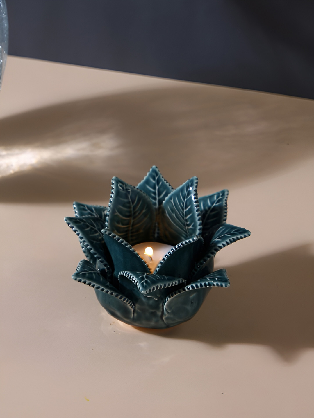 Aura Blue Textured Ceramic Blooming Flower Candle Holder