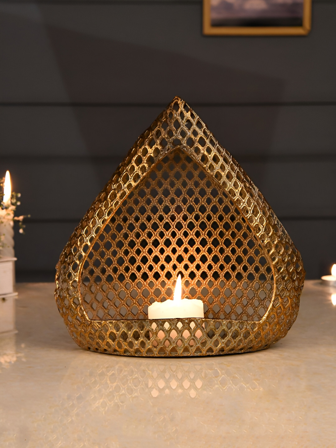 Aura Gold-Toned Textured Metal Triangle Candle Holder