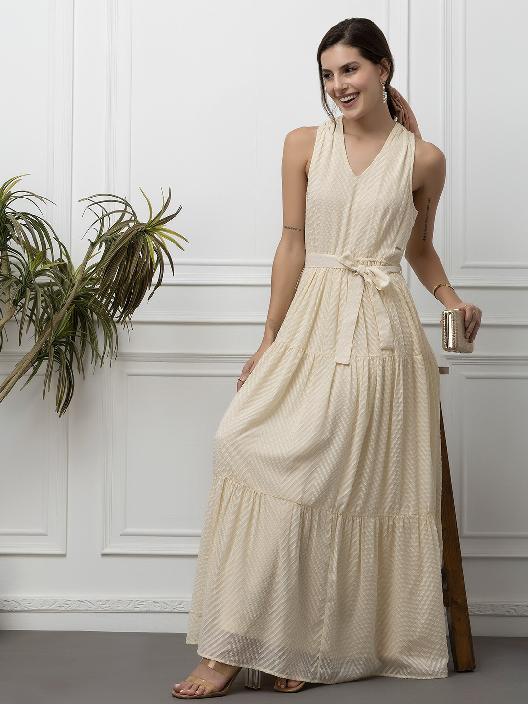 Beatnik Georgette A-line Sleeveless V- Neck Midi Elegance Dress