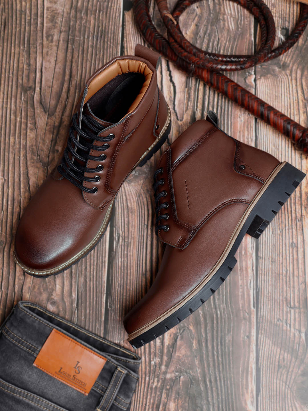 LOUIS STITCH Men Tan Mid-Top Lace Up Biker Boots