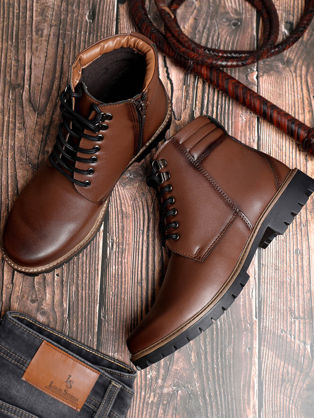 LOUIS STITCH  Men Tan Mid-Top Lace Up Biker Chain Boots