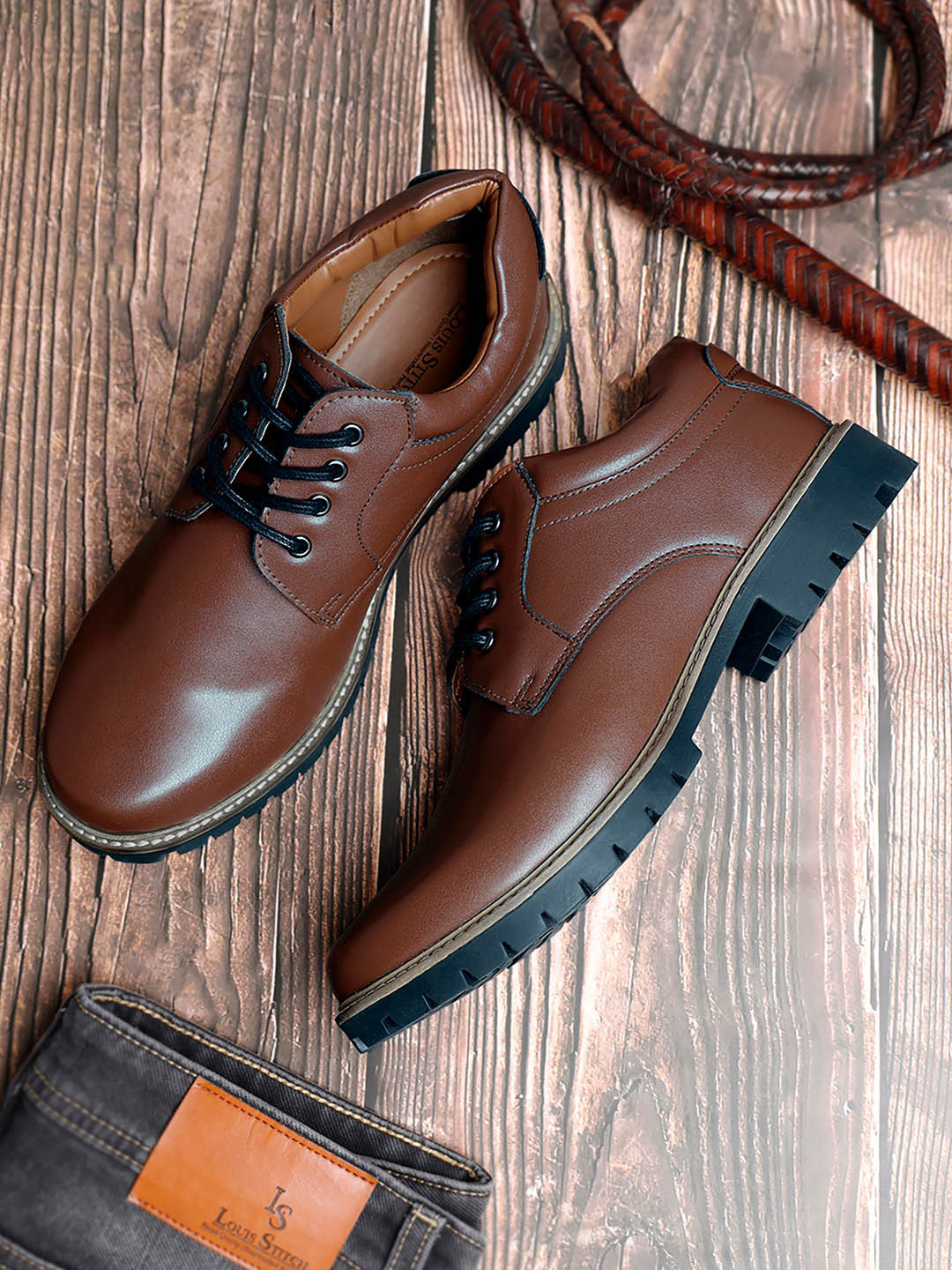LOUIS STITCH Men Tan Lace Up Biker Boots