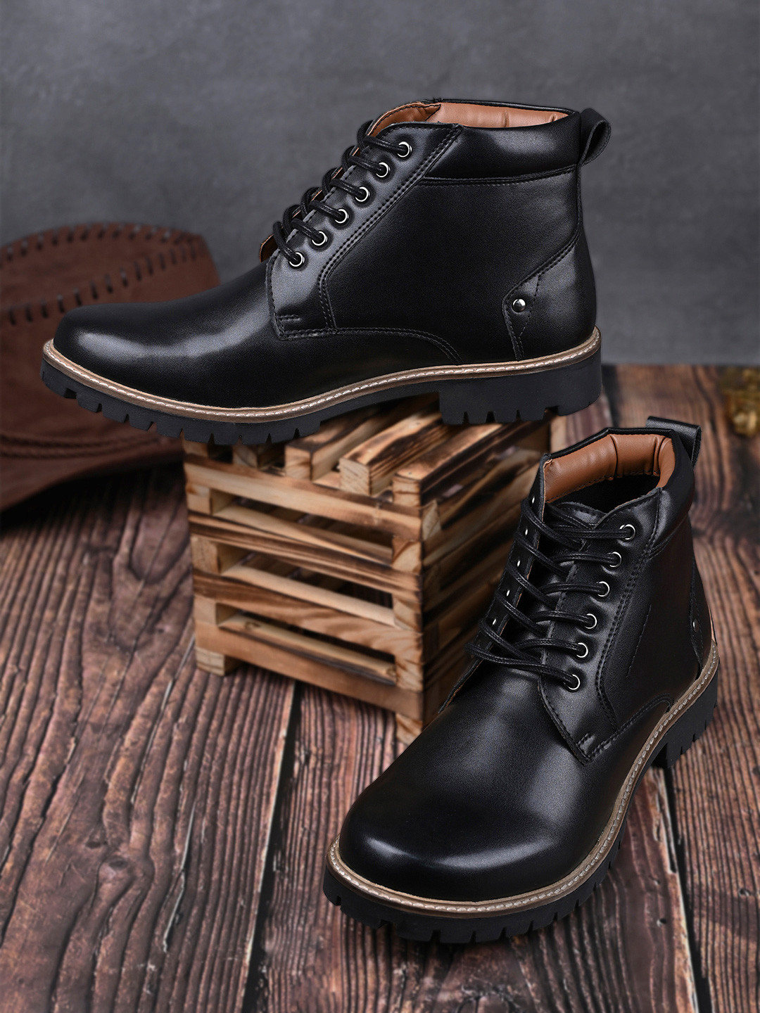 LOUIS STITCH Men Jet Black Mid-Top Lace Up Biker Boots