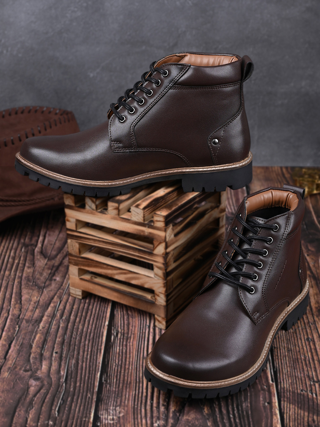 LOUIS STITCH Men Brunette Brown Mid-Top Lace Up Biker Boots