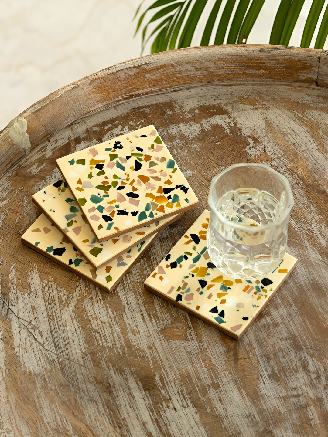ExclusiveLane Set Of 4 Terrazzo Cream Colored Resin & Recycled Wooden Coasters