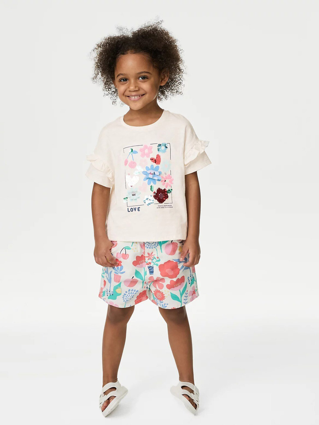 Marks & Spencer Girls Graphic Printed Drop-Shoulder Sleeves Sequinned Pure Cotton T-shirt