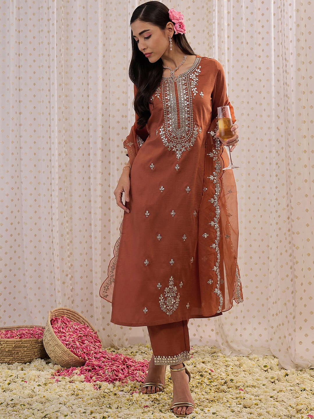 Indo Era Ethnic Motifs Embroidered Regular Gotta Patti Kurta With Trouser & Dupatta - Kurta Sets for Women 29459998 | Myntra