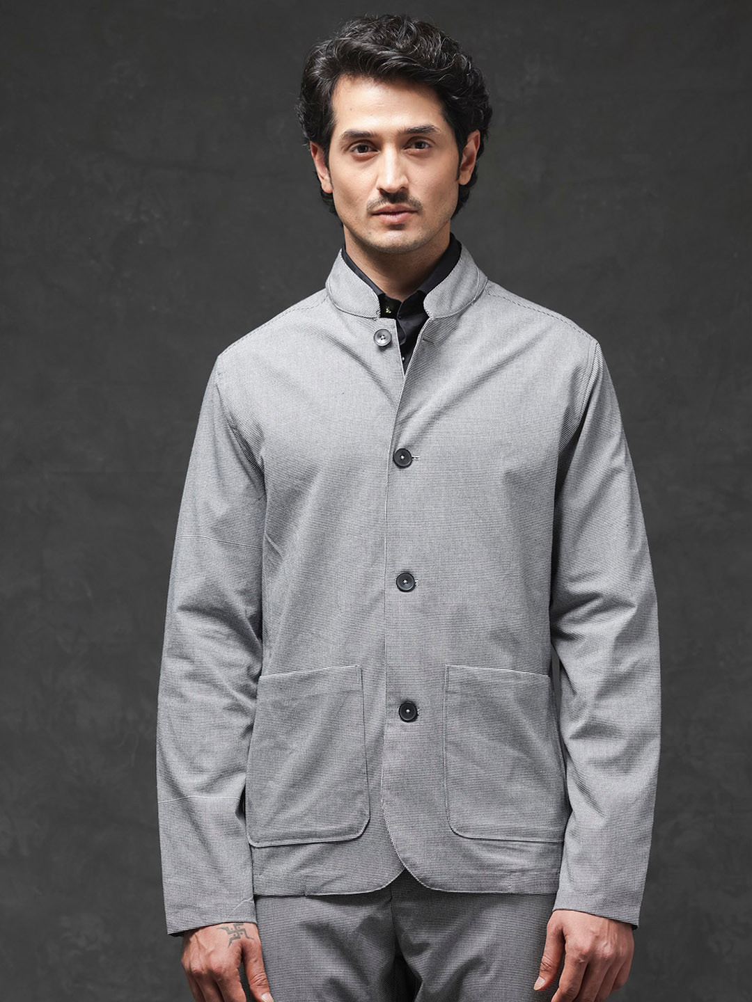 RARE RABBIT Men Mico Self Design Mock Collar Tailored Jacket