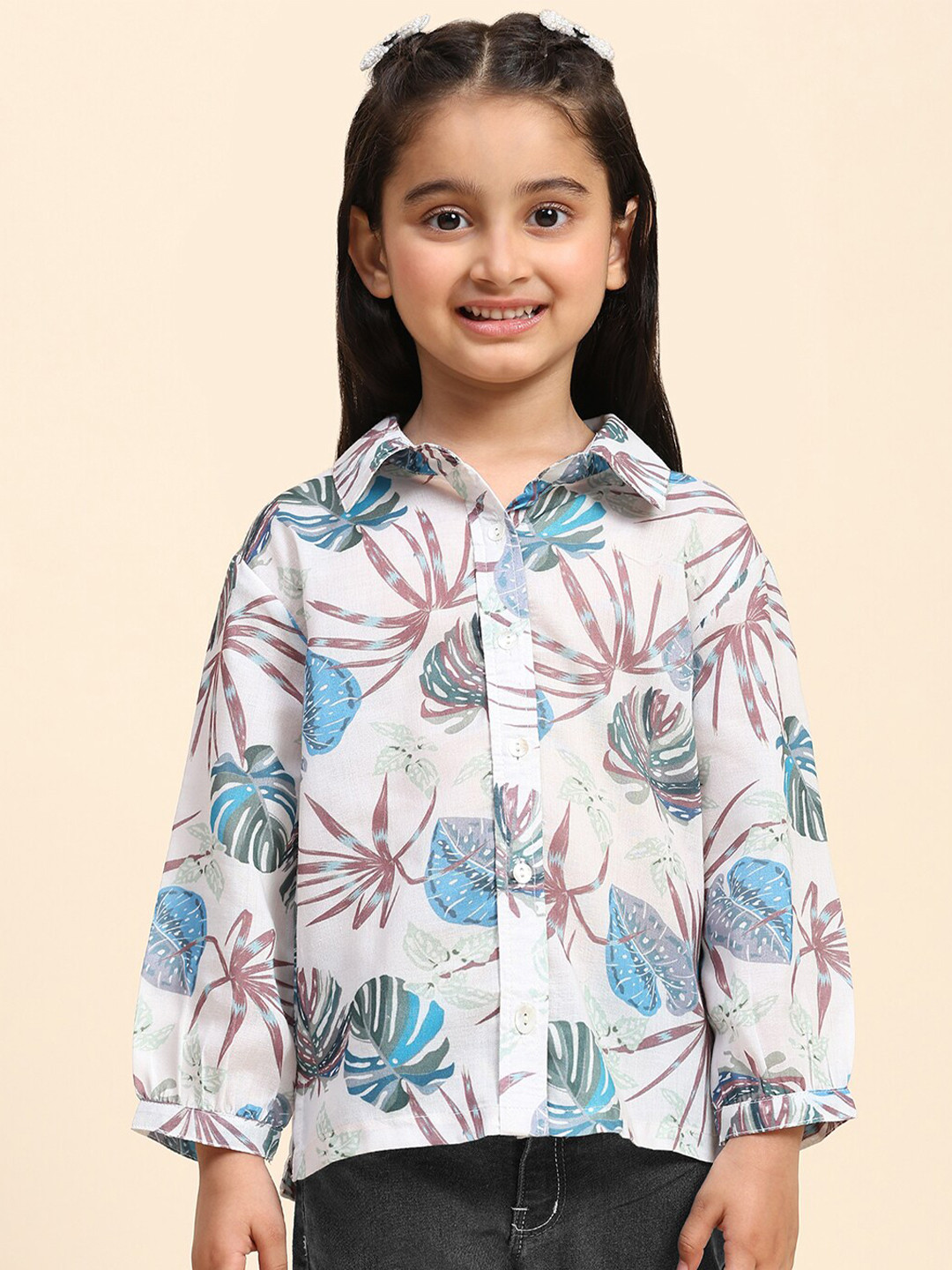 Maaesa Girls Modern Fit Floral Printed Spread Collar Long Sleeves Cotton Casual Shirt