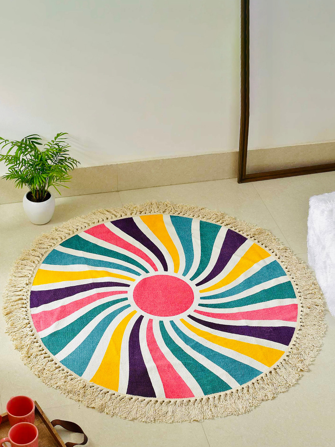 MASU LIVING Pink & Yellow Ethnic Motifs Pure Cotton Round Meditation Mat