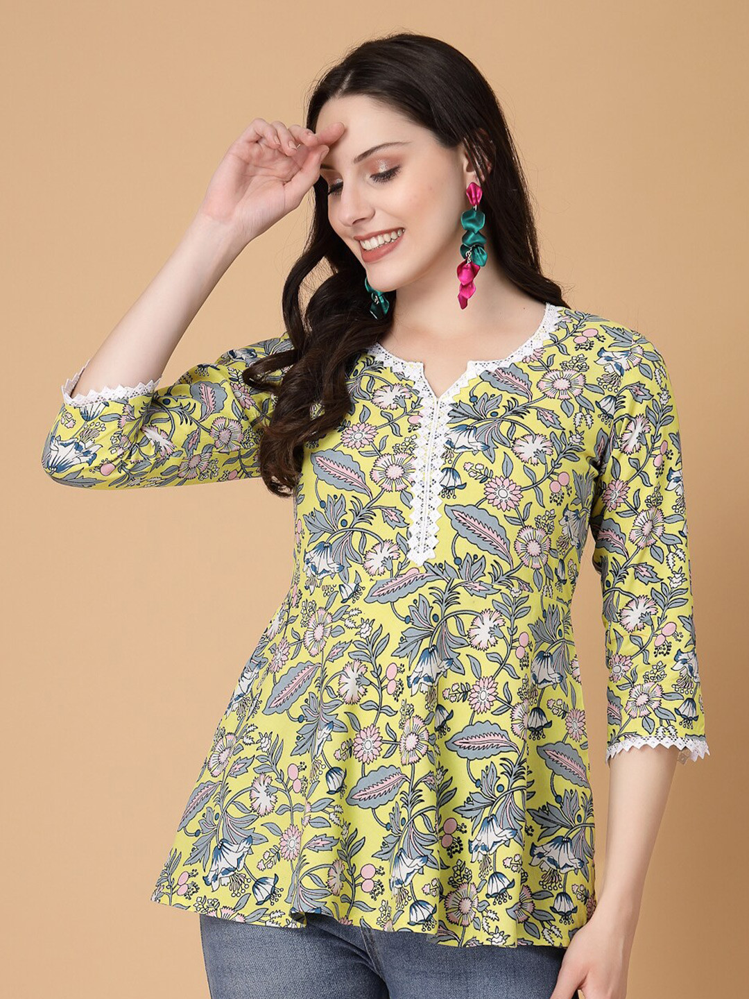 God Bless Floral Printed Lace Peplum Top