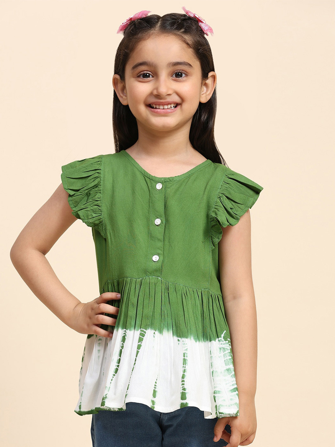 Maaesa Girls Tie & Dye Round Neck Flutter Sleeve Gathered Empire Top