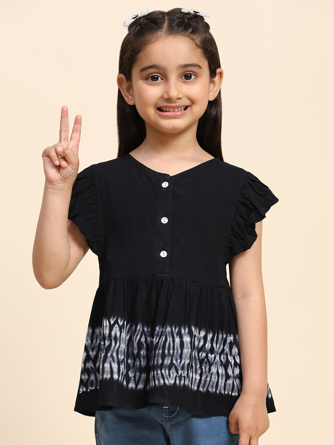 Maaesa Girls Tie & Dye Printed Flutter Sleeve Gathered Peplum Top