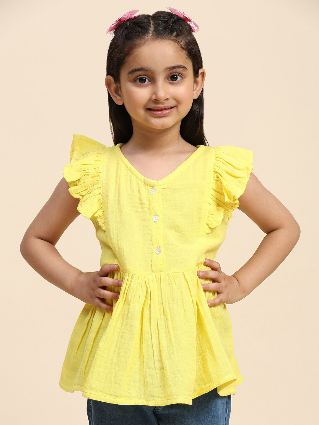 Maaesa Solid V Neck Flutter Sleeve Cotton Top