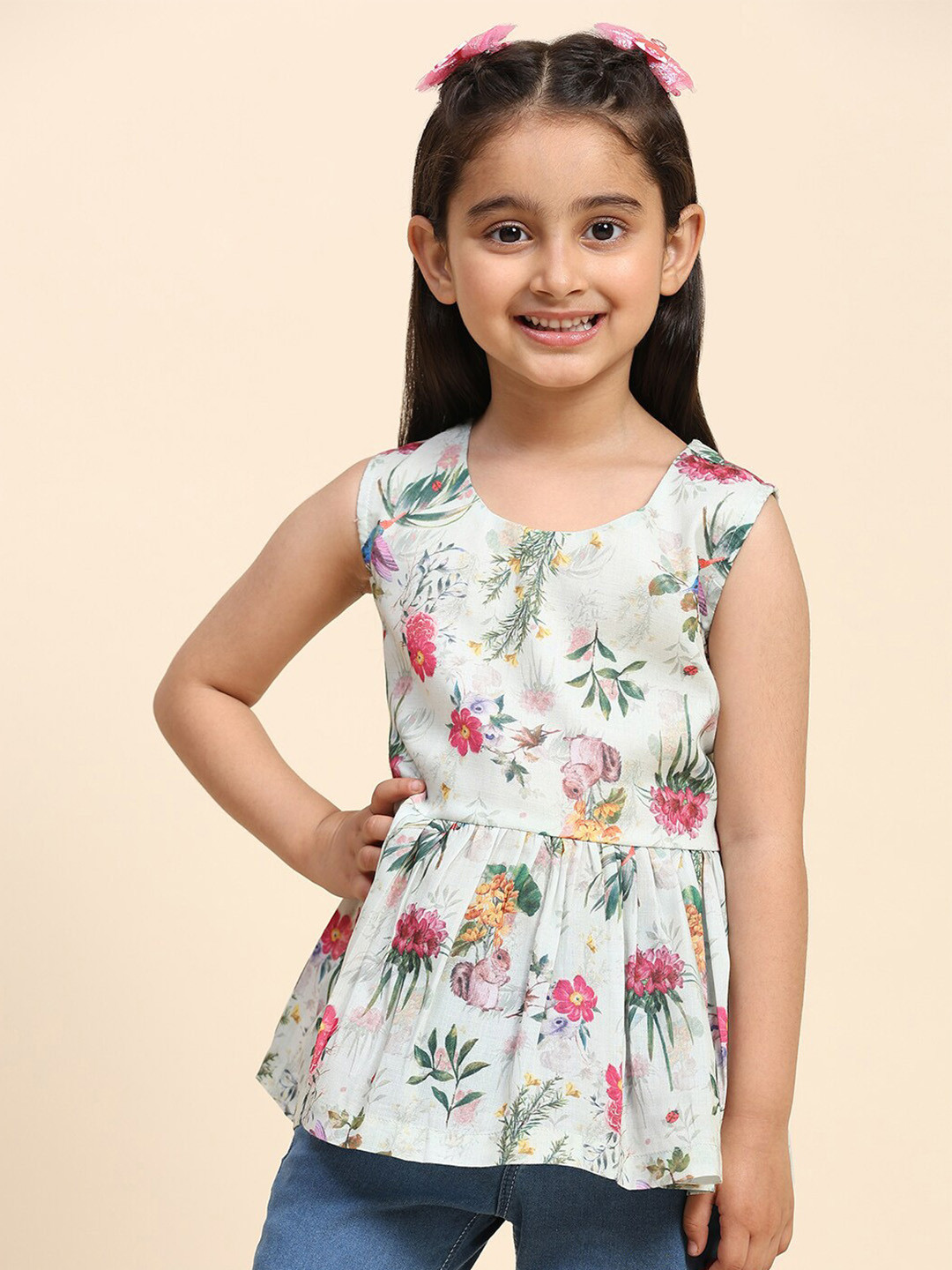 Maaesa Girls Floral Printed Gathered Cotton Peplum Top