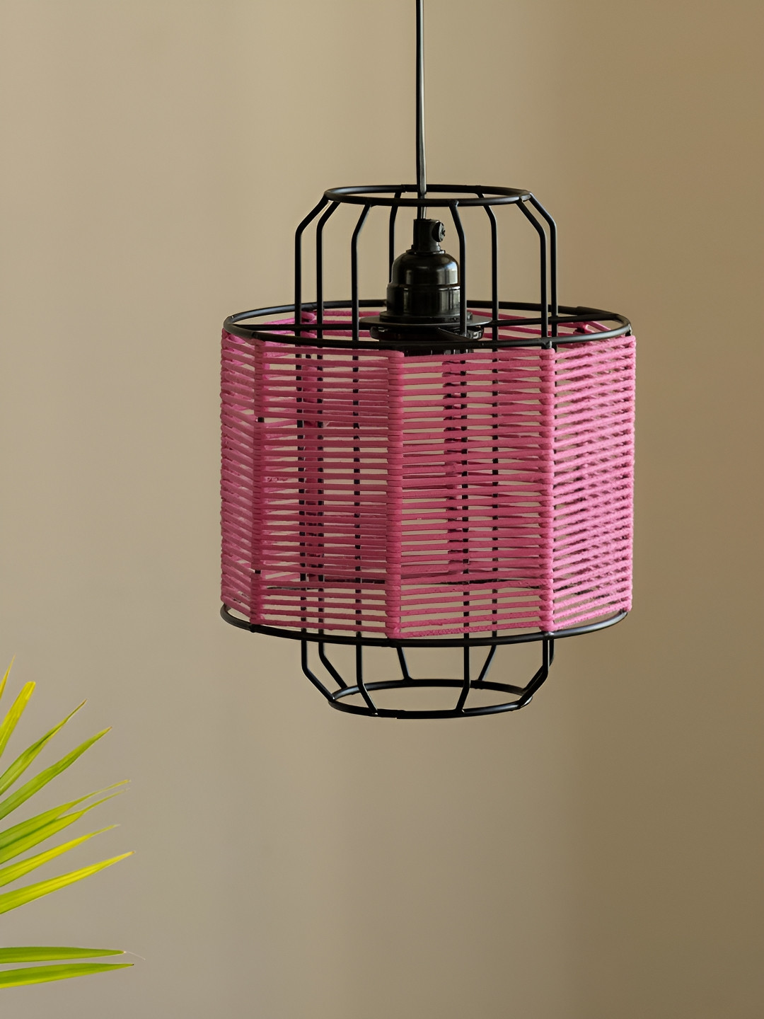 ExclusiveLane Pink & Black Cotton Weaved Abstract Shaped Iron Ceiling Lamp