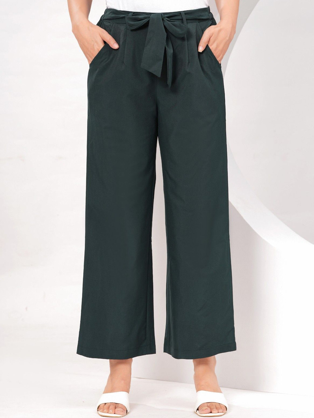 ETC Women Teal Green Relaxed Fit Mid-Rise Cotton Plain Culottes Trousers