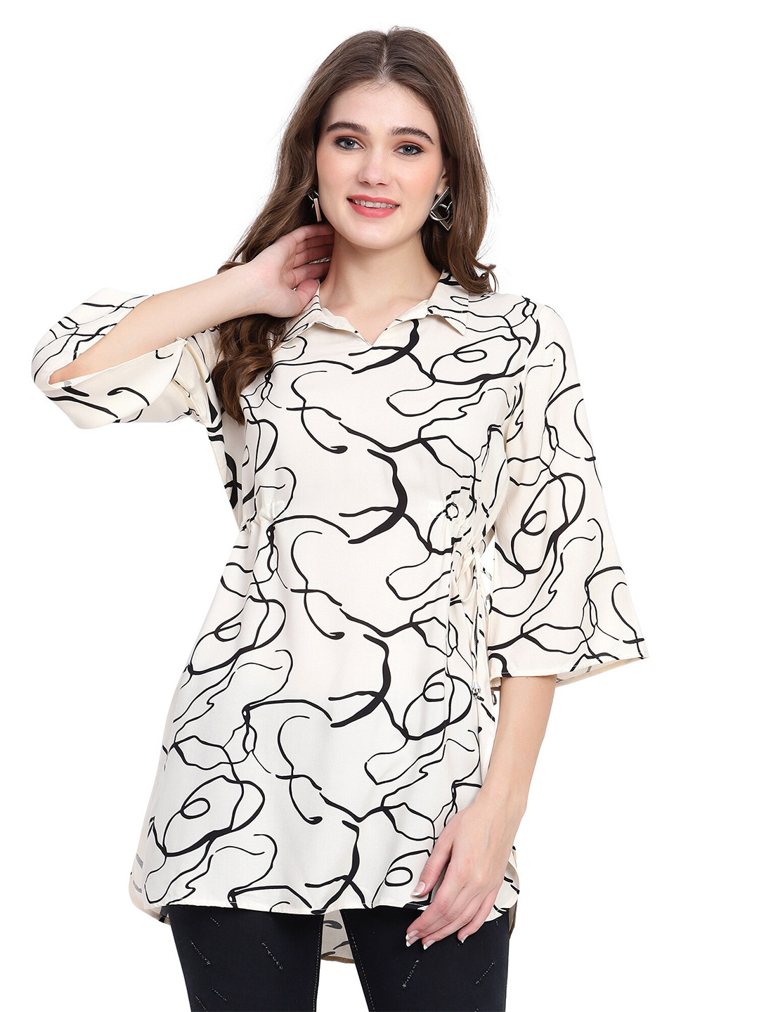 NKSA FASHION Abstract Print Shirt Collar Top
