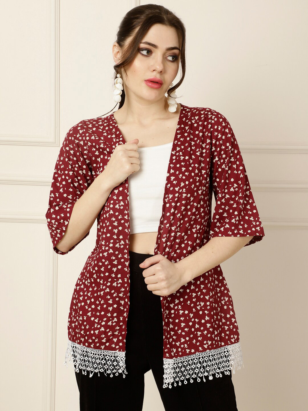 DAEVISH Floral Printed Lace Longline Open Front Shrug