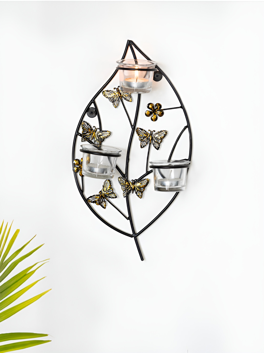 ExclusiveLane Butterflies & Leaf Handcrafted Iron & Glass Wall Sconce Candle Holder