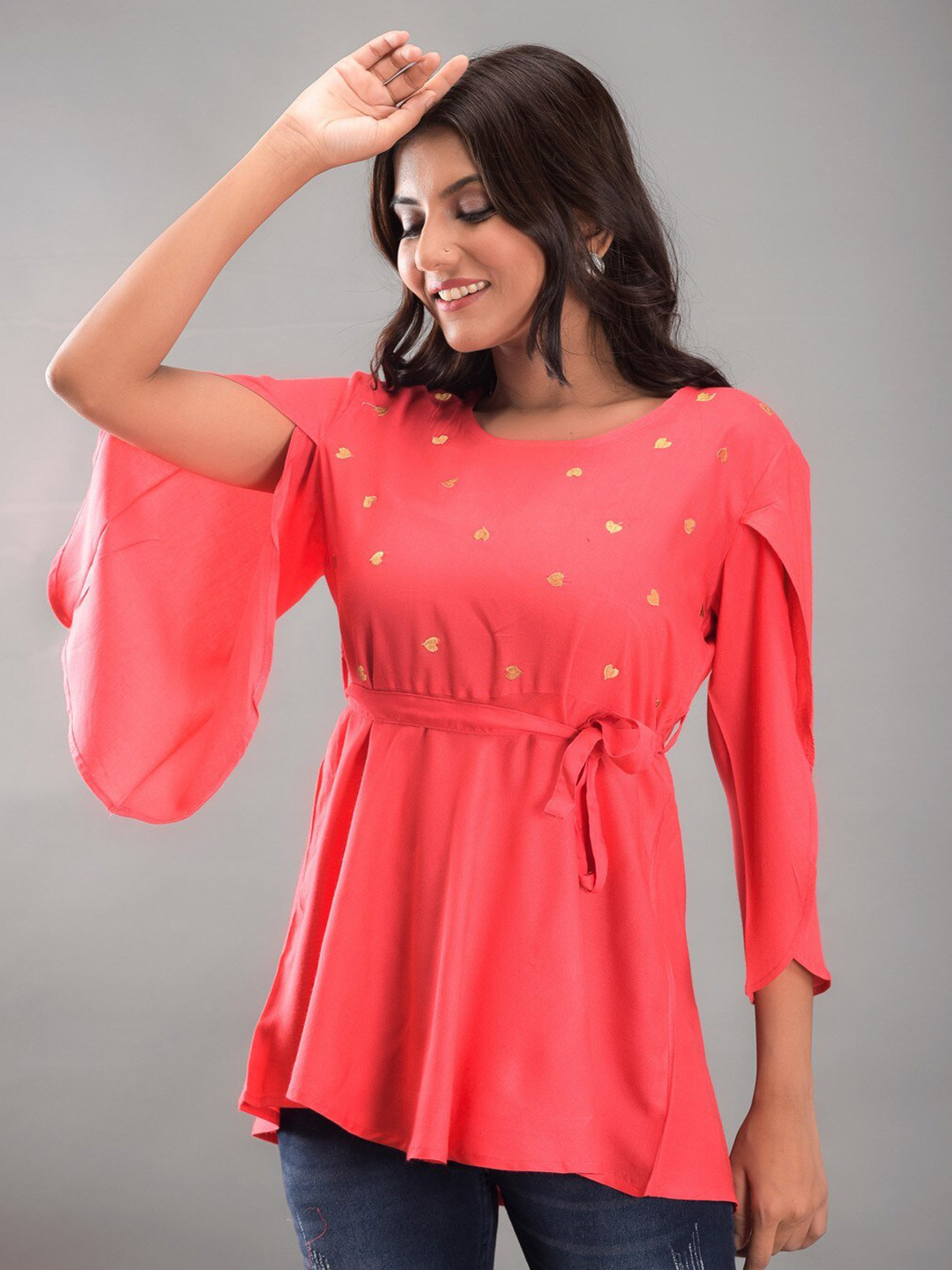 SHOOLIN Abstract Embroidered Slit Sleeves Cinched Waist Top