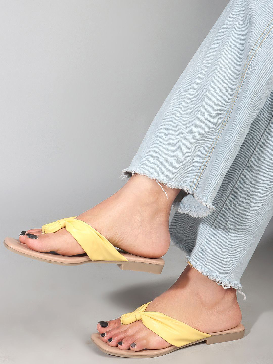 DressBerry Yellow Open Toe T-Strap Flats