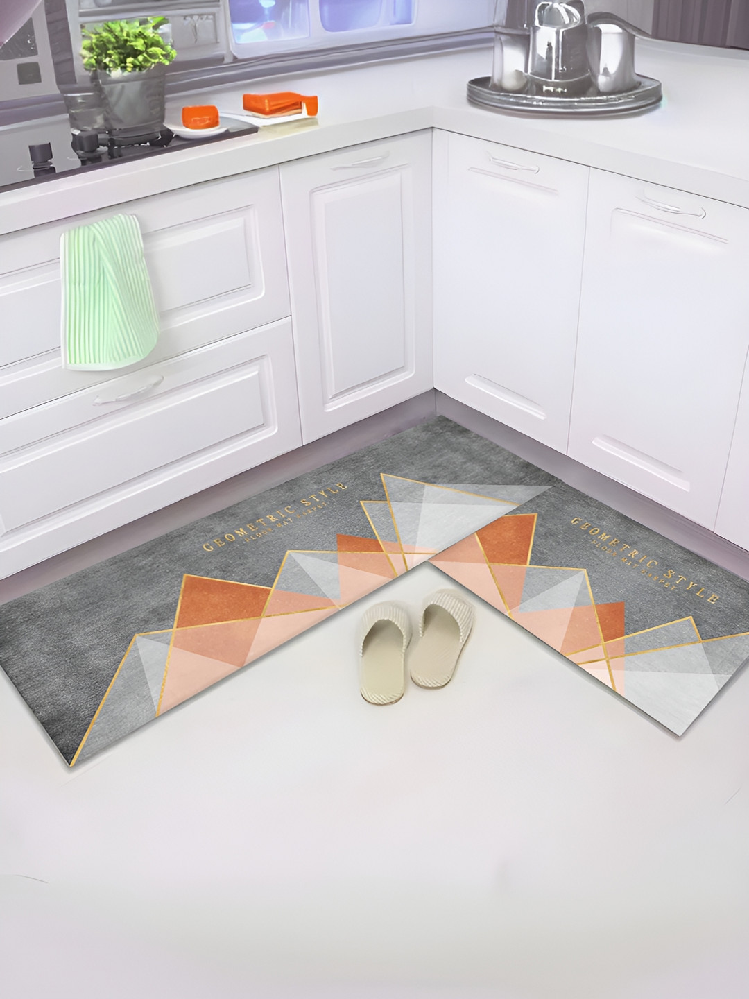 UMAI Grey & Brown 2 Pieces Geometric Printed Anti Skid Kitchen Runners