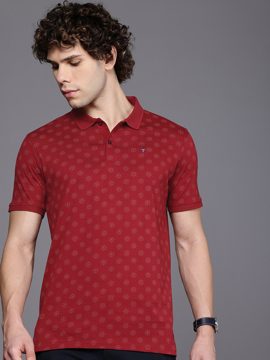 Louis Philippe Sport  Ethnic Motifs Printed Polo Collar Pure Cotton Slim Fit T-shirt